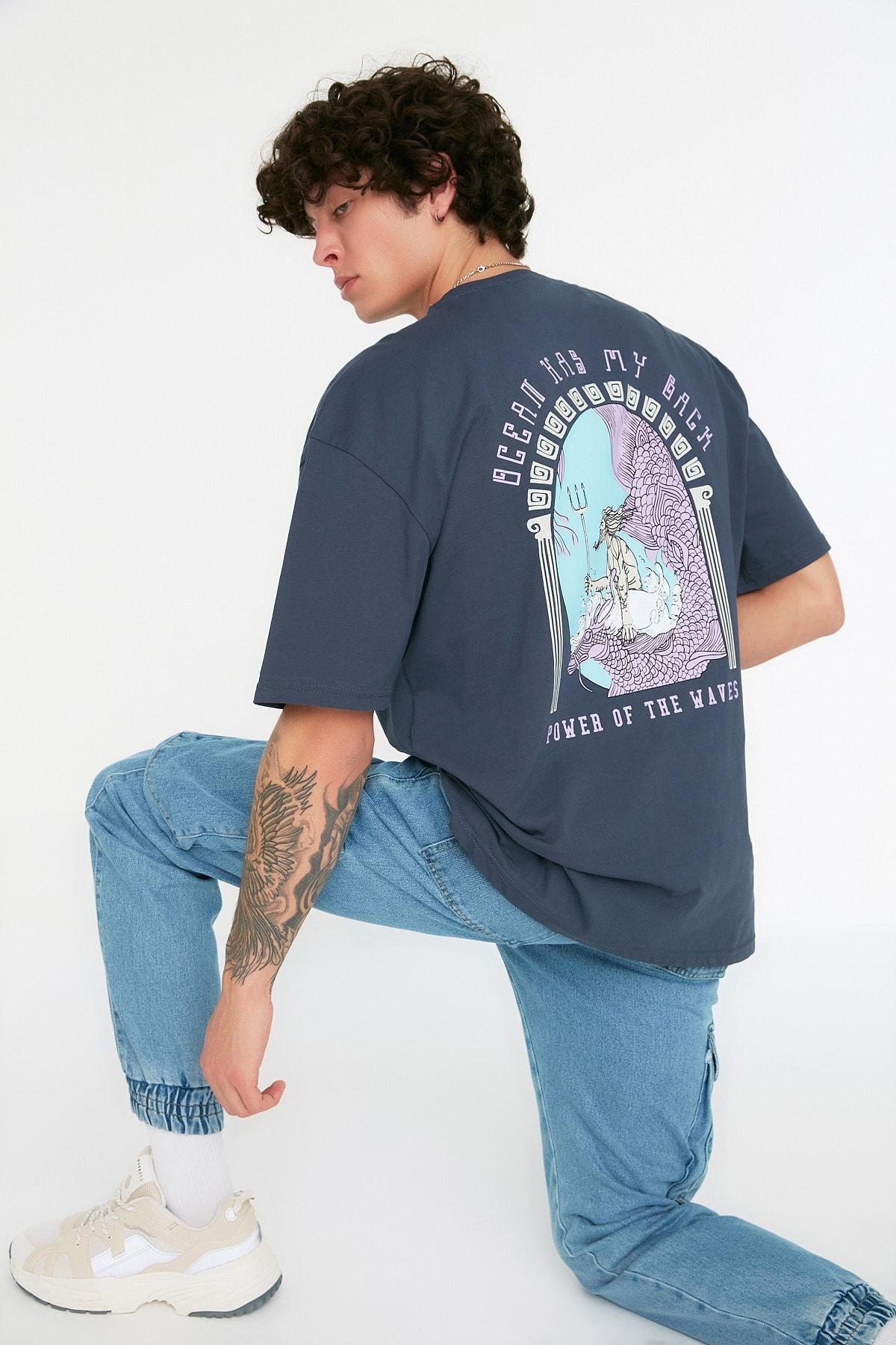 Navy Printed Crew Neck T-Shirt, , large image number 3