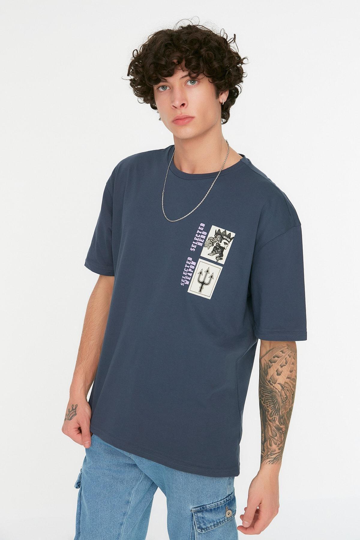 Navy Printed Crew Neck T-Shirt, , large image number 4