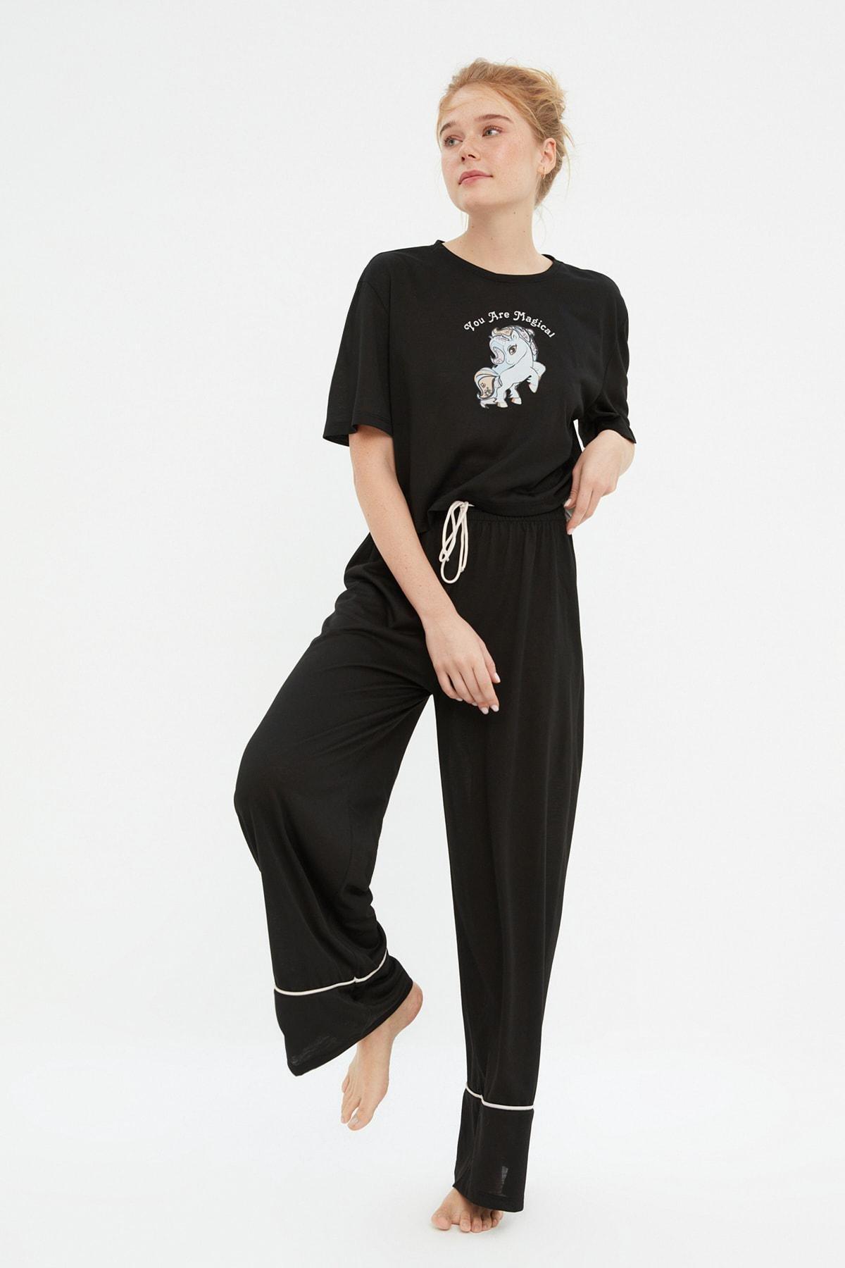 Black Printed Mid Waist Pajama Set, , large image number 0