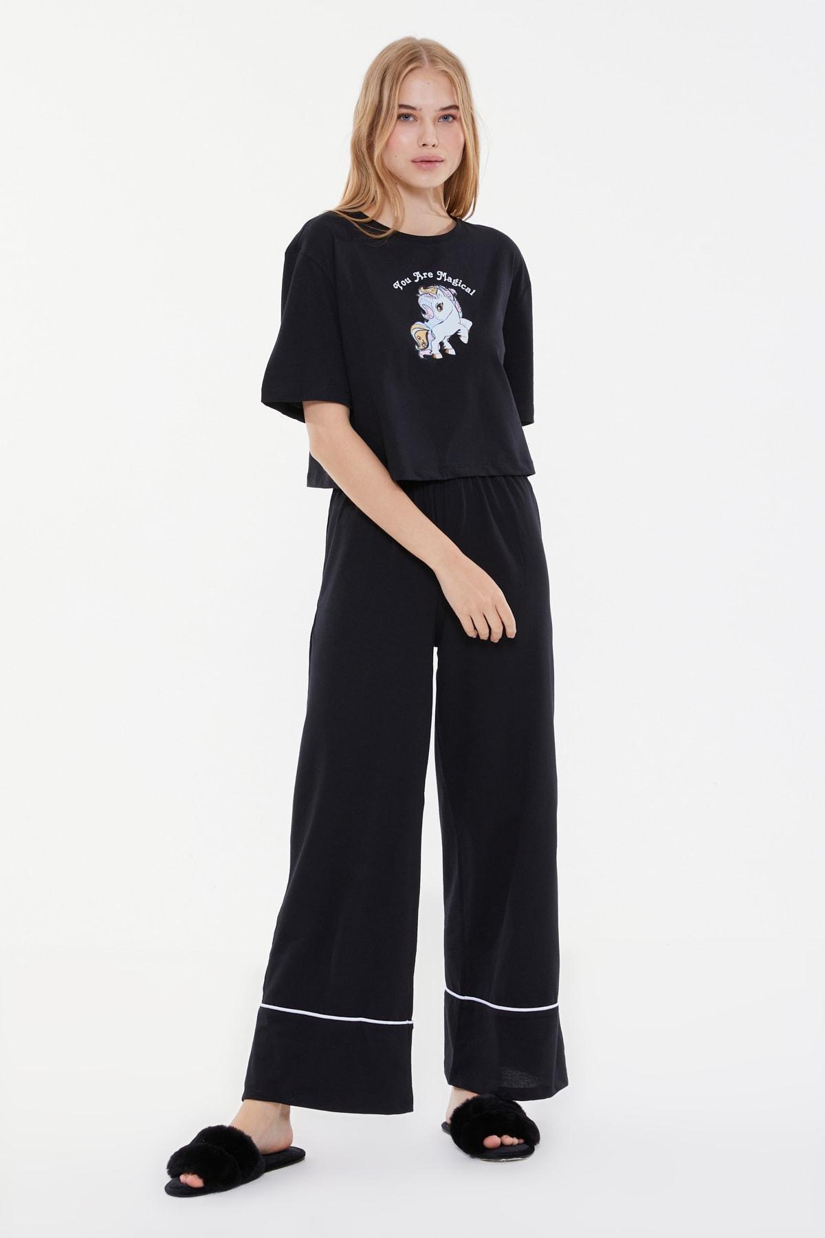 Black Printed Mid Waist Pajama Set, , large image number 6