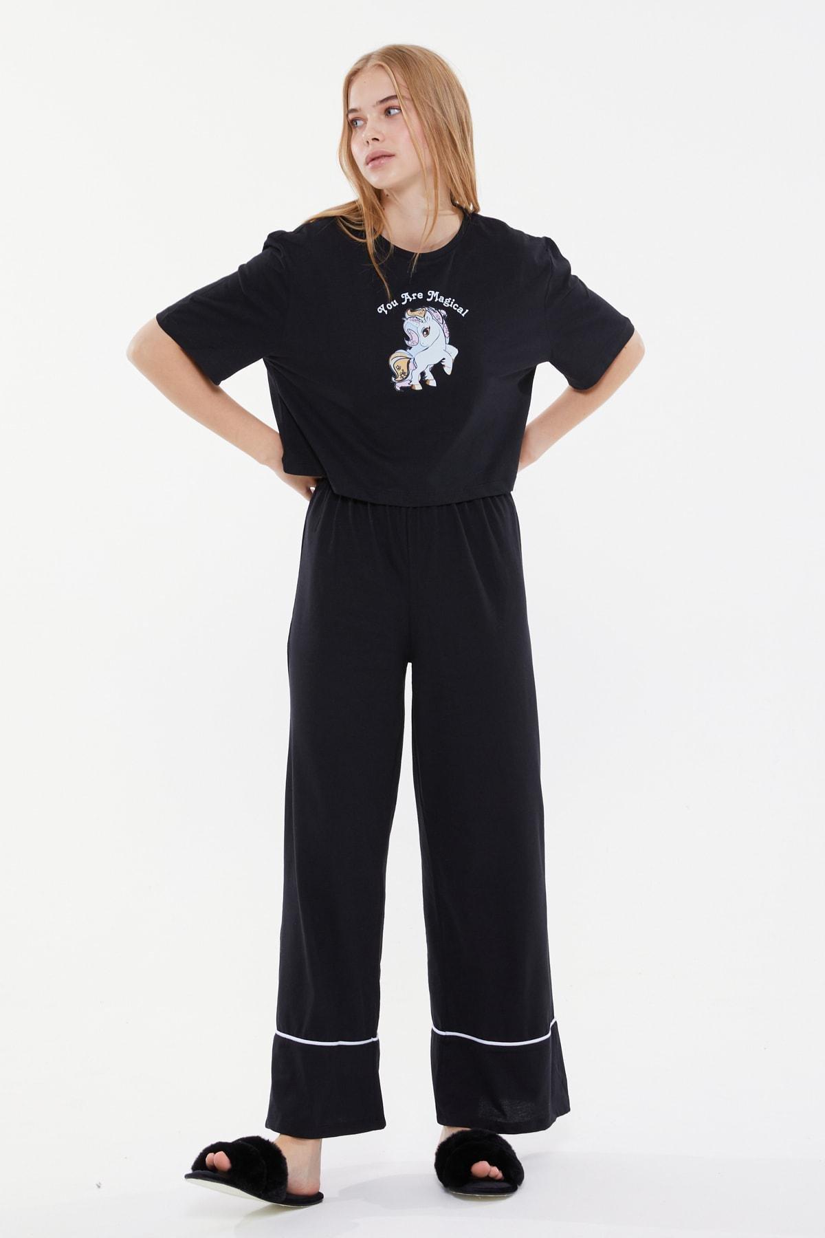 Black Printed Mid Waist Pajama Set, , large image number 7