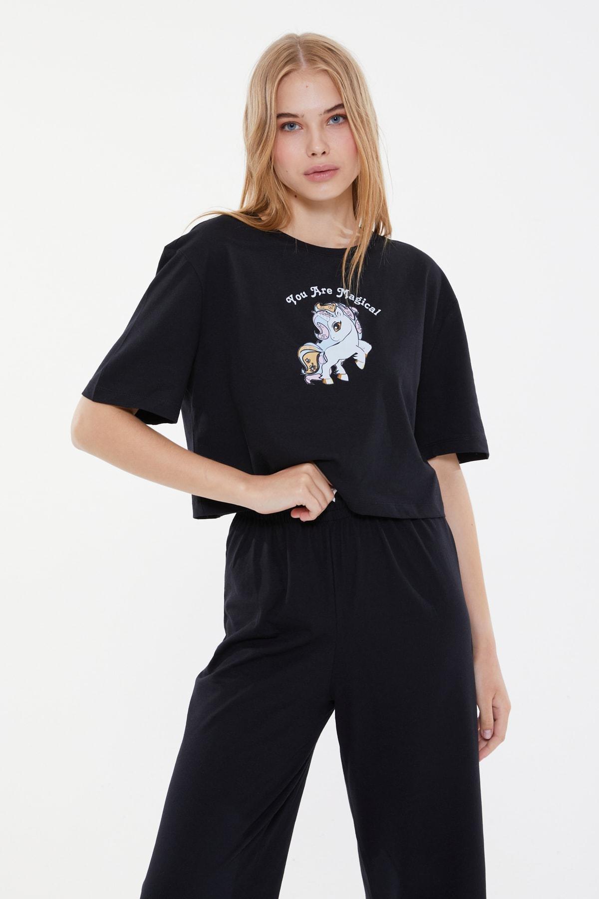 Black Printed Mid Waist Pajama Set, , large image number 8