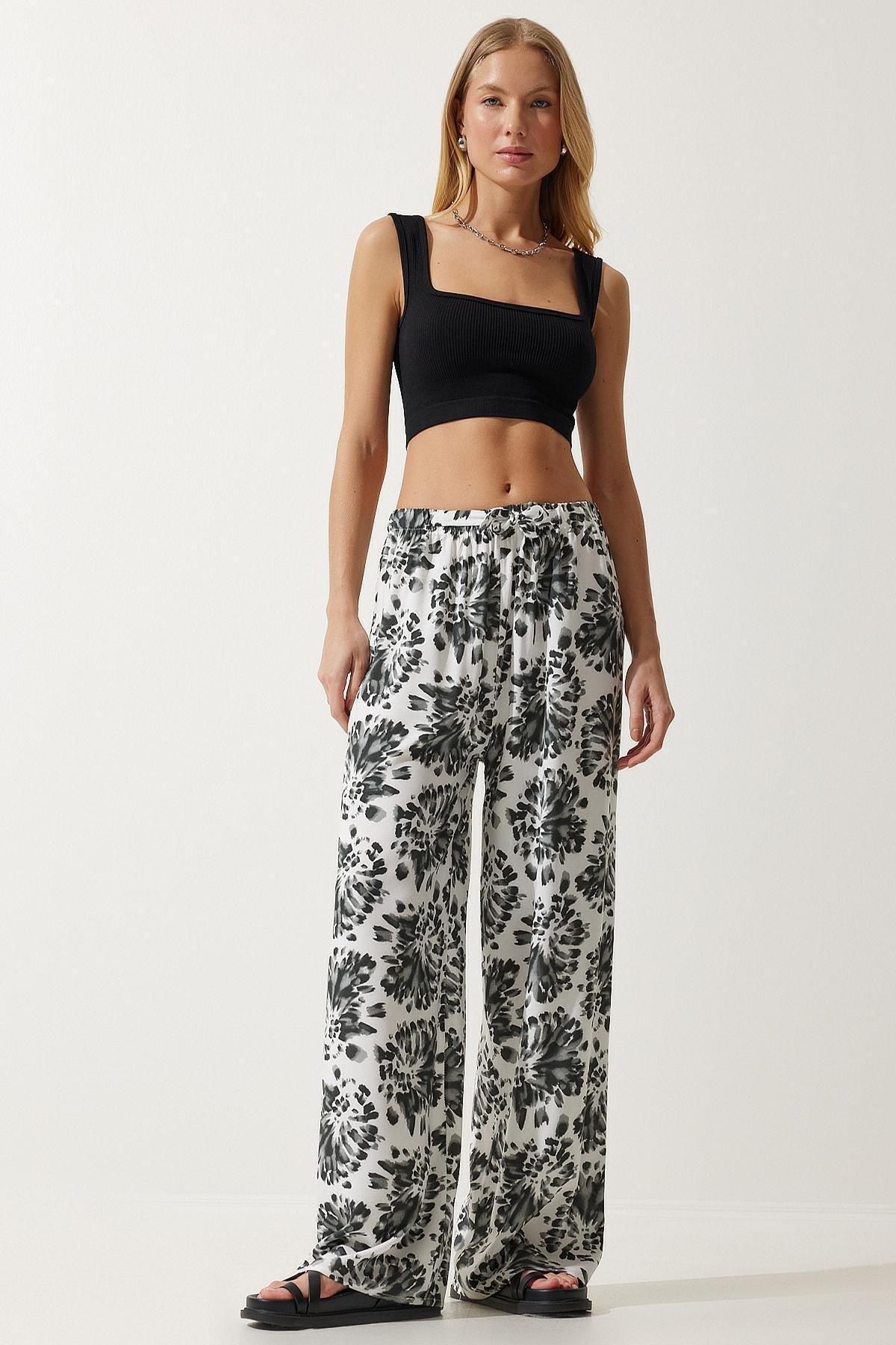 Womens Ecru Black High Waist Summer Loose Viscose Trousers BH00354, single, , large image number 0