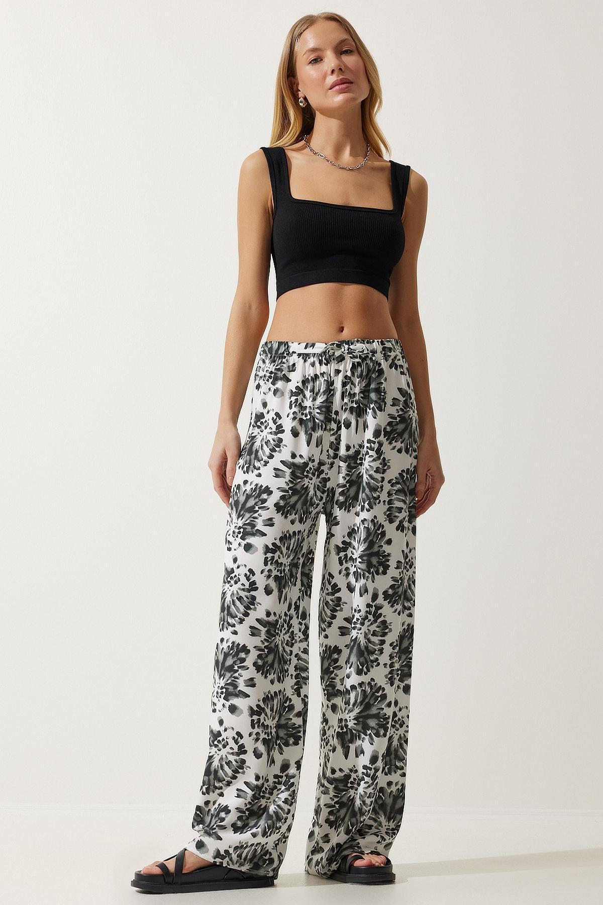 Womens Ecru Black High Waist Summer Loose Viscose Trousers BH00354, single, , large image number 1