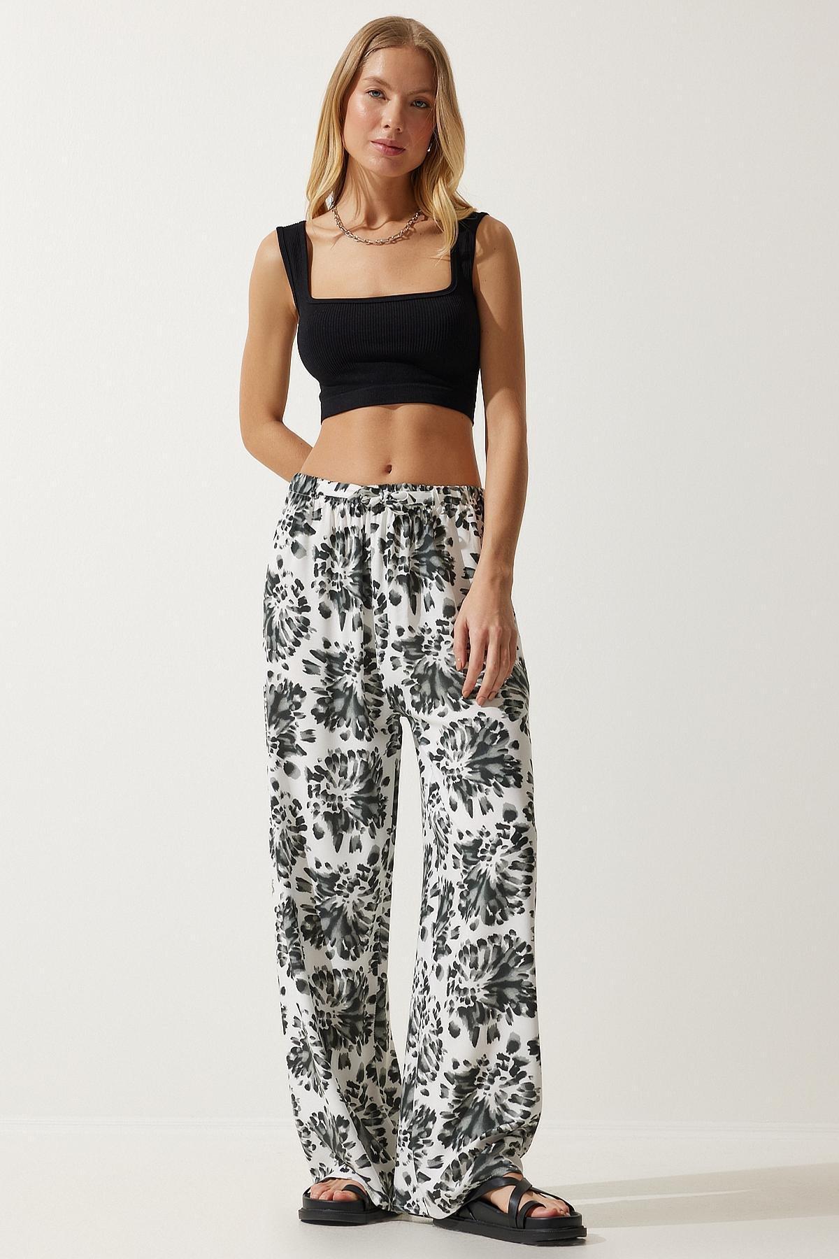 Womens Ecru Black High Waist Summer Loose Viscose Trousers BH00354, single, , large image number 2