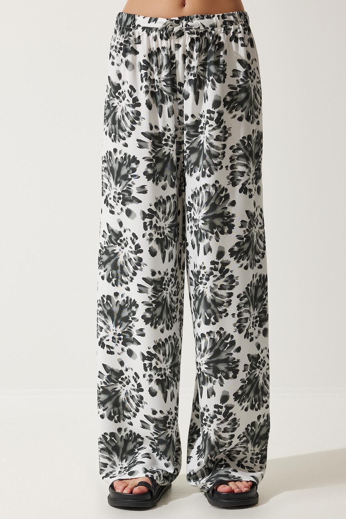 Womens Ecru Black High Waist Summer Loose Viscose Trousers BH00354, single, , large image number 3