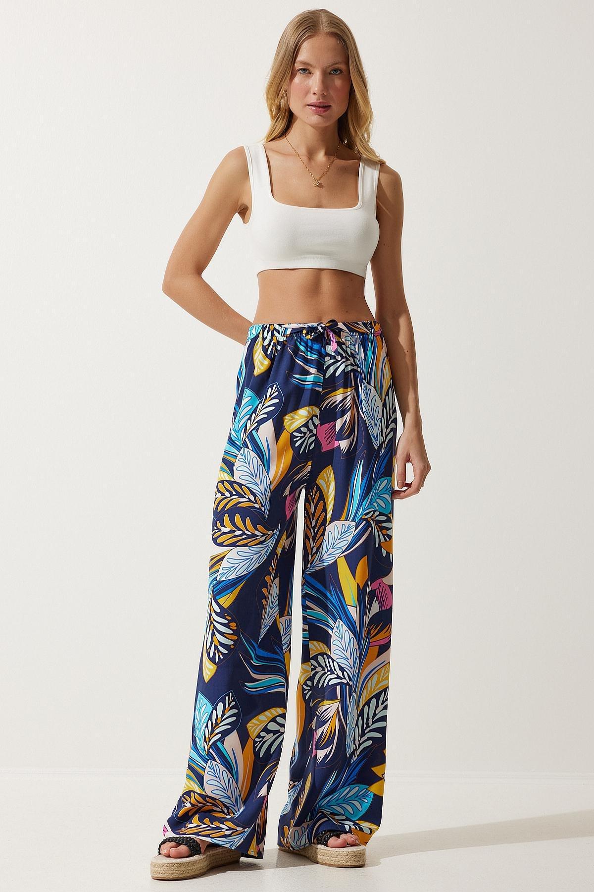 Womens Navy Blue Yellow High Waist Summer Loose Viscose Pants BH00354, single, , large image number 0