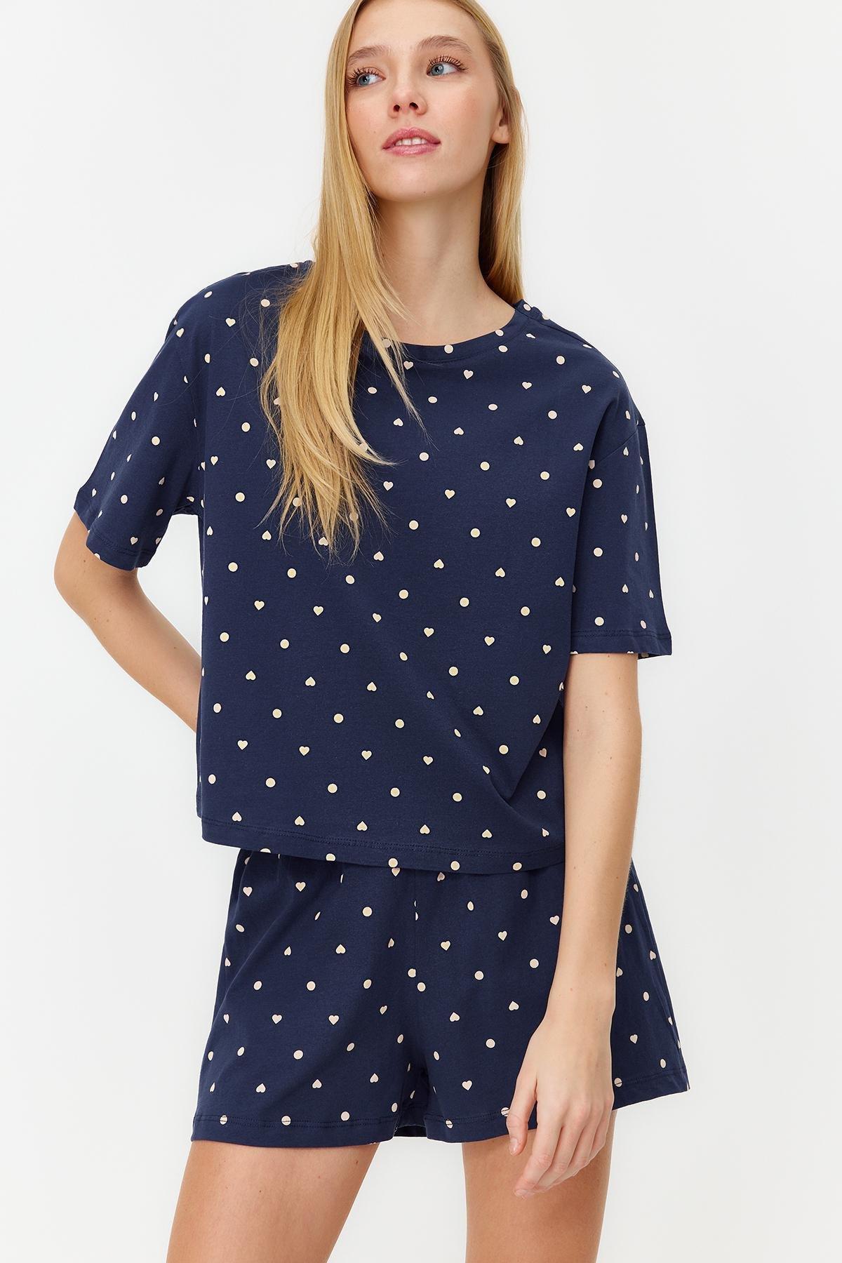 Navy Patterned Knitted Pyjamas Set <br>, , large image number 0