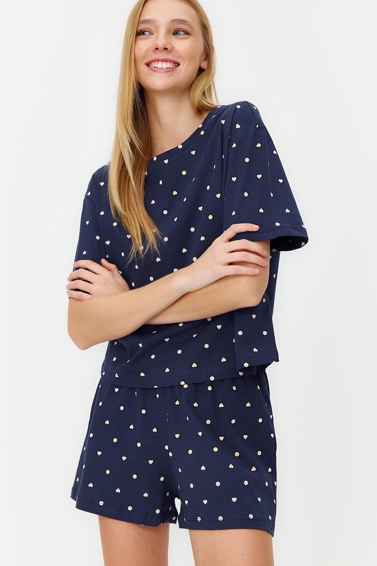Navy Patterned Knitted Pyjamas Set <br>, , large image number 1