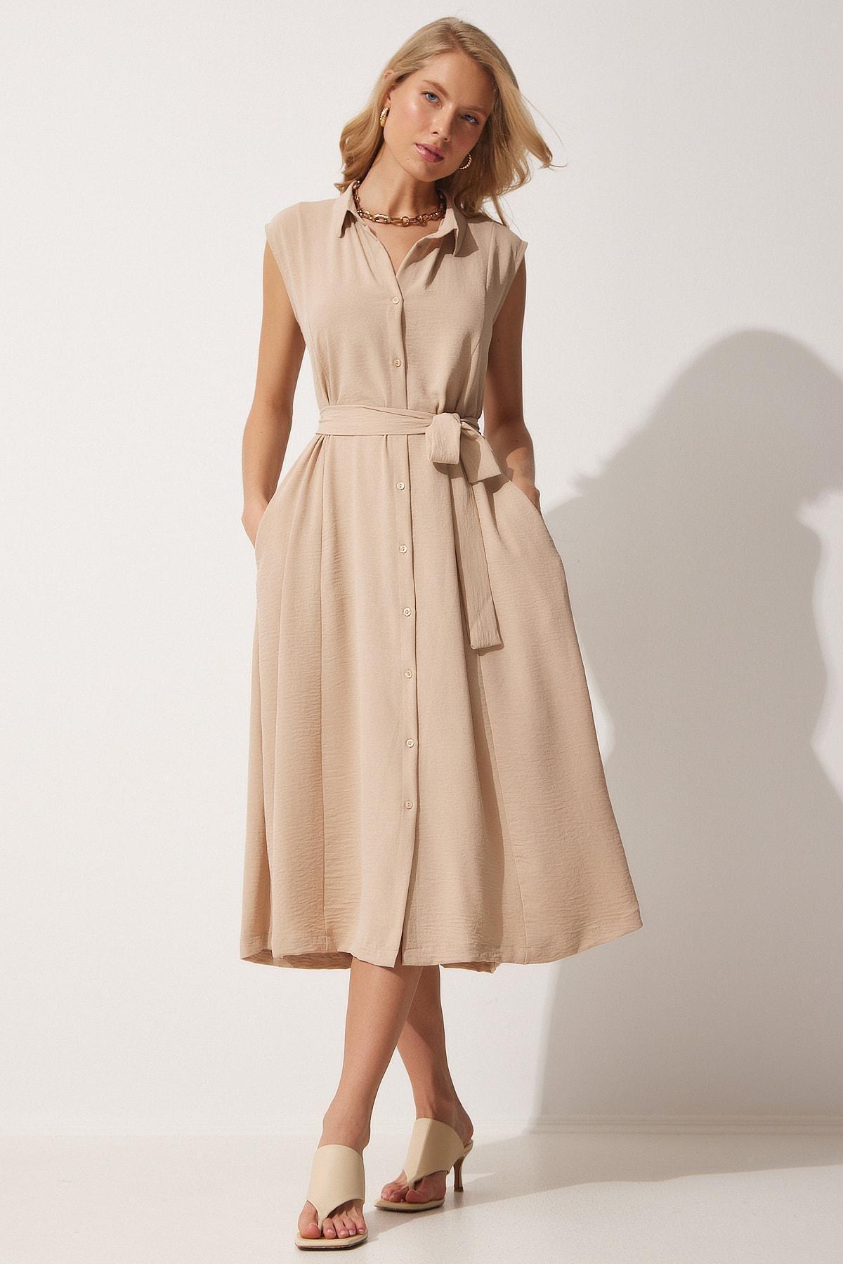 Beige Shirt Collar Wrapover Dress, , large image number 0