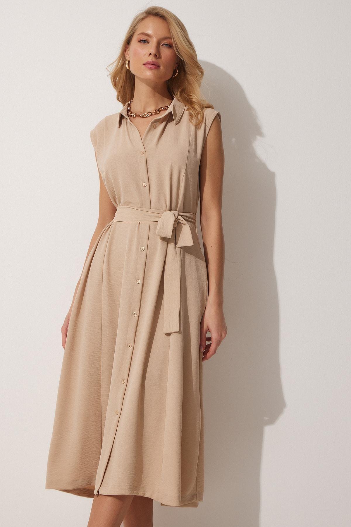 Beige Shirt Collar Wrapover Dress, , large image number 1