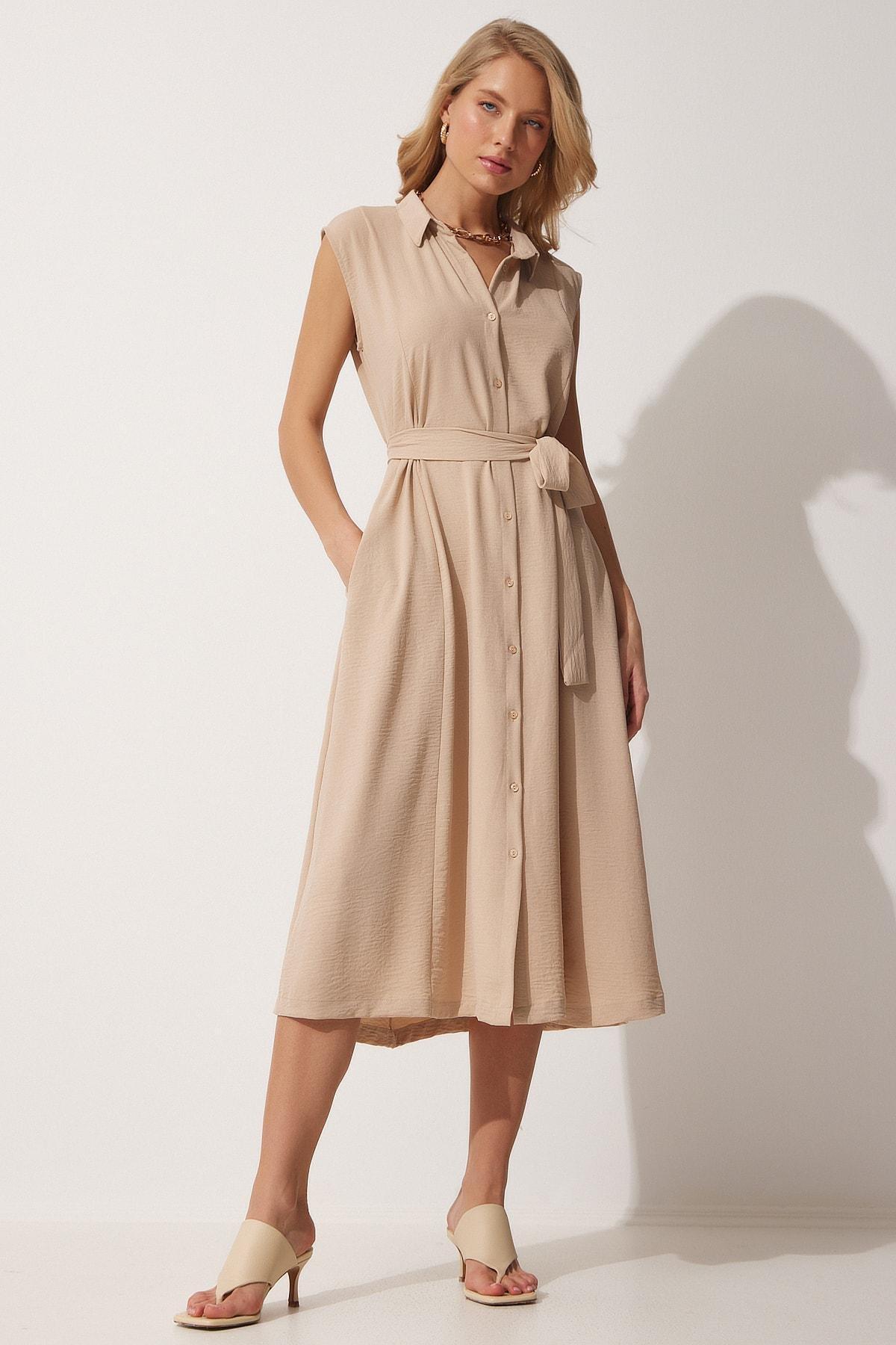 Beige Shirt Collar Wrapover Dress, , large image number 2