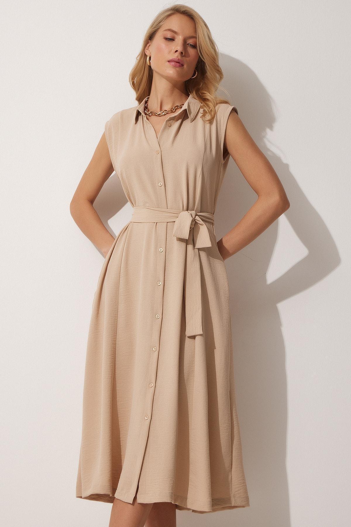 Beige Shirt Collar Wrapover Dress, , large image number 3