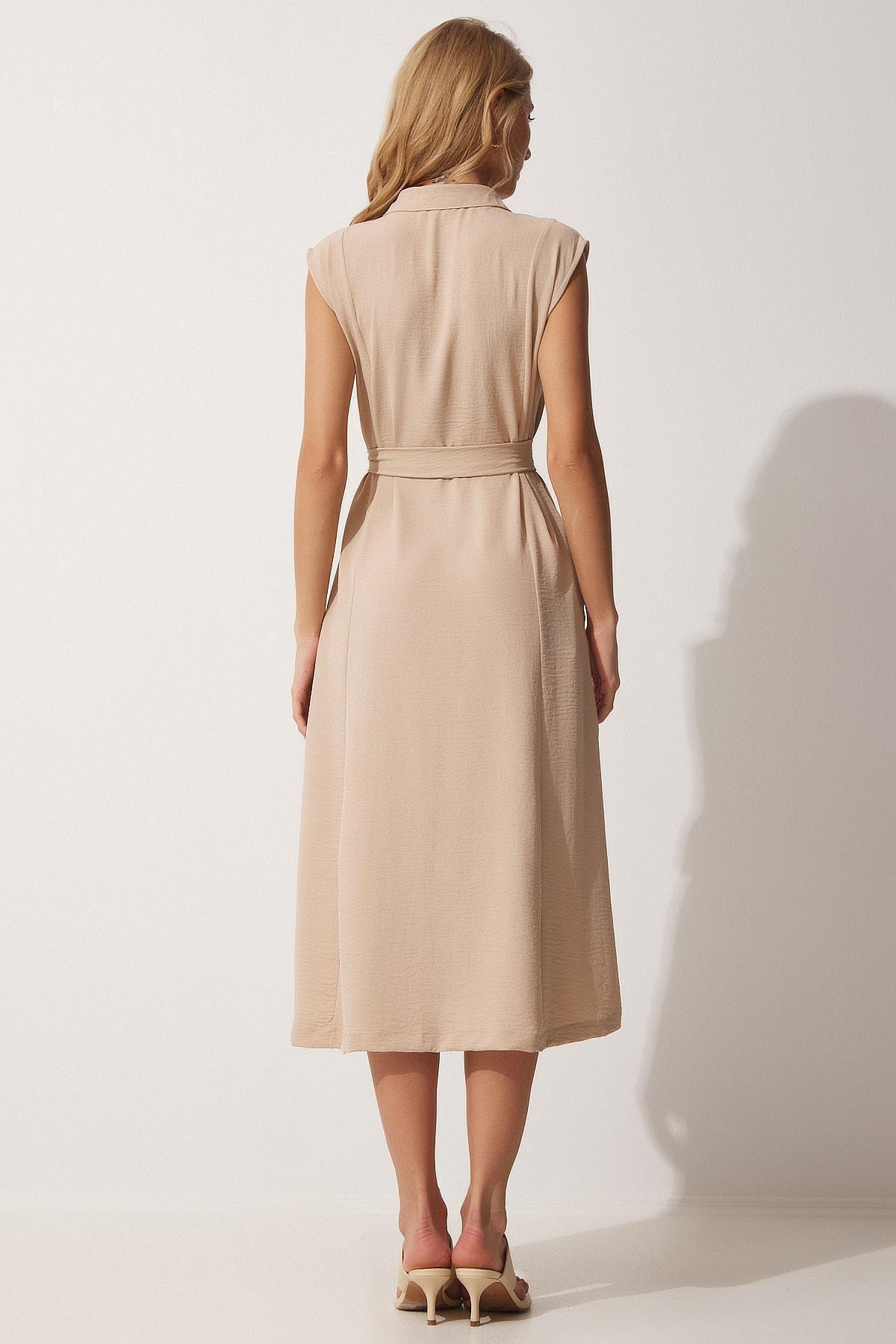 Beige Shirt Collar Wrapover Dress, , large image number 4