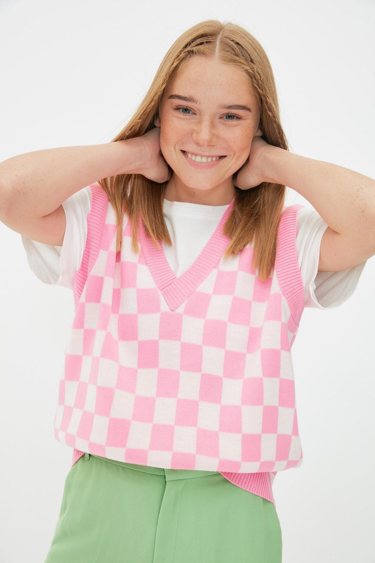 Trendyol Pink Plaid Sweater Vest | Azadea Kuwait