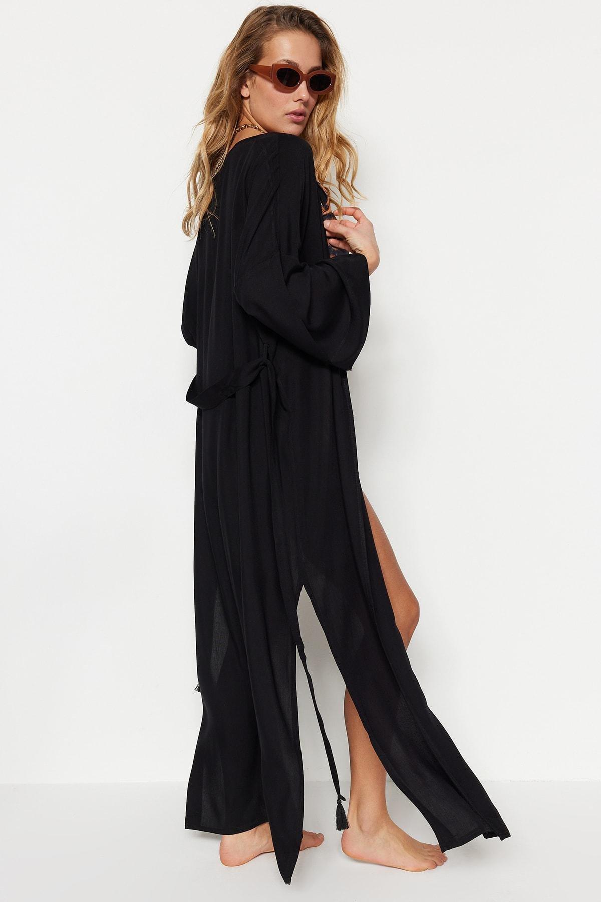 Black Paisley V-Neck Caftan, , large image number 1