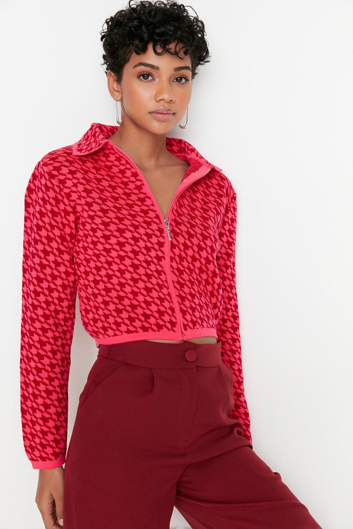 Pink Collar Detailed Crop Knitted Cardigan, C101_7007, large image number 1