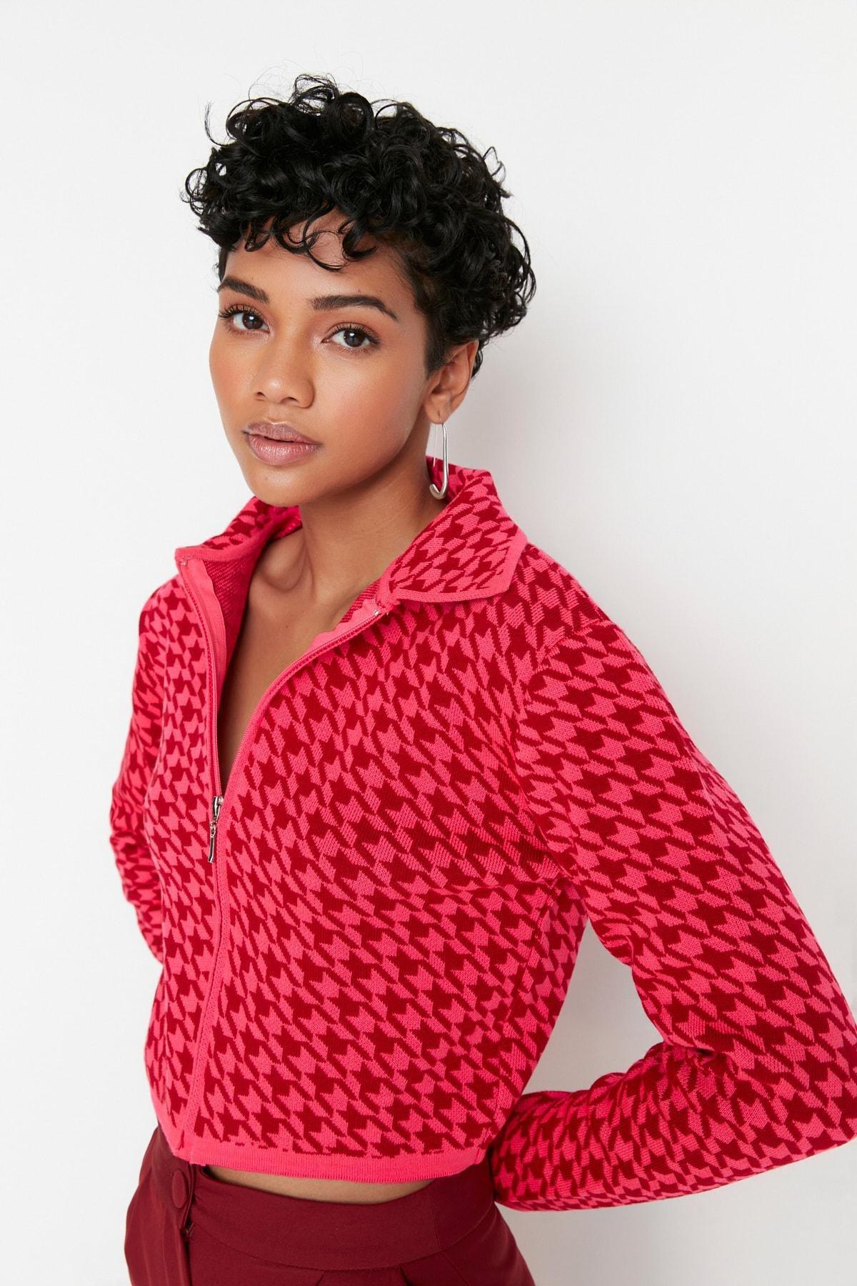 Pink Collar Detailed Crop Knitted Cardigan, C101_7007, large image number 2
