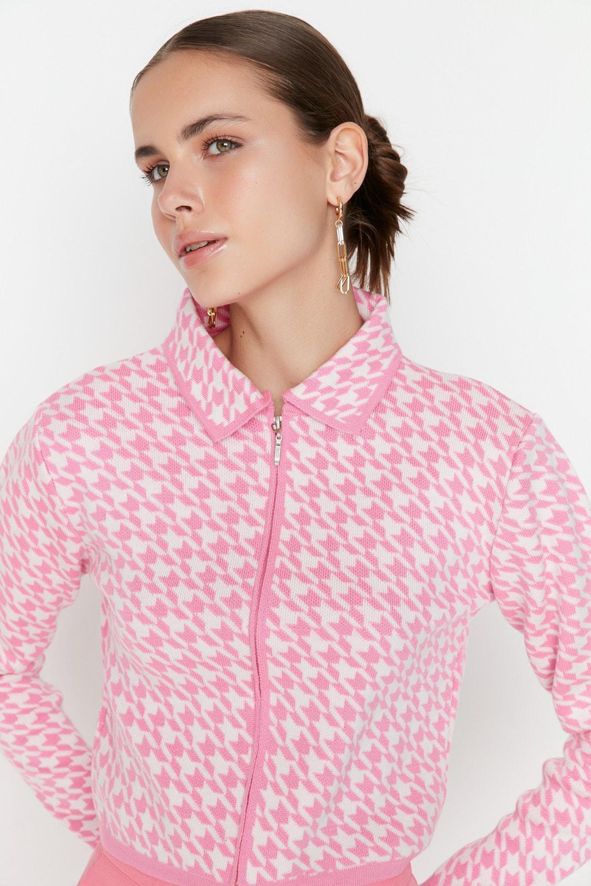 Pink Collar Detailed Crop Knitted Cardigan, C101_7007, large image number 3