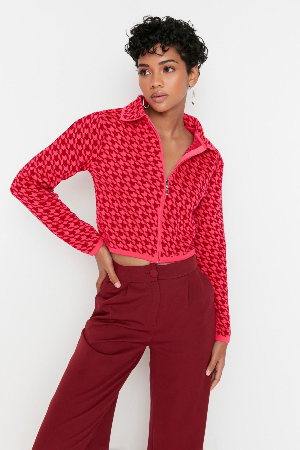 Pink Collar Detailed Crop Knitted Cardigan, C101_7007, large image number 4