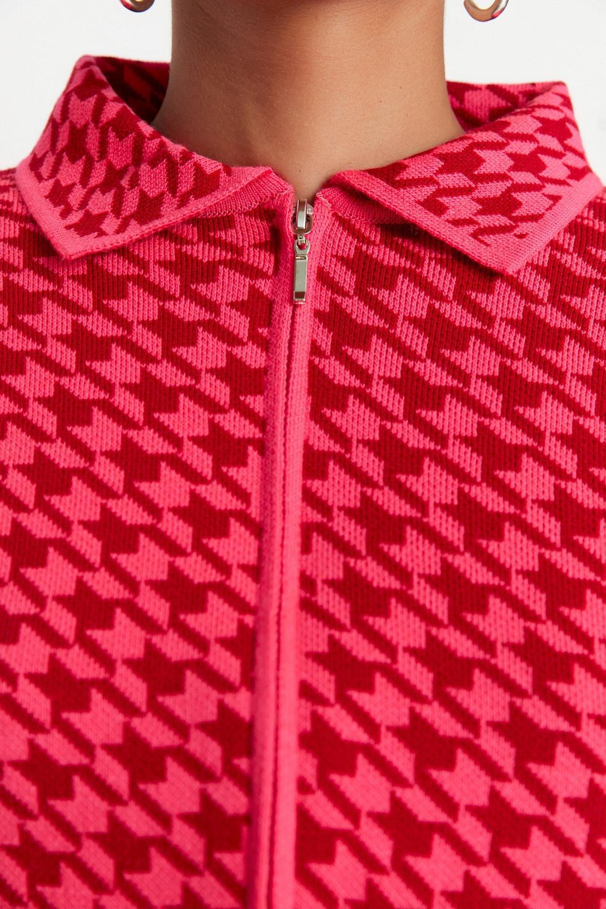 Pink Collar Detailed Crop Knitted Cardigan, C101_7007, large image number 6