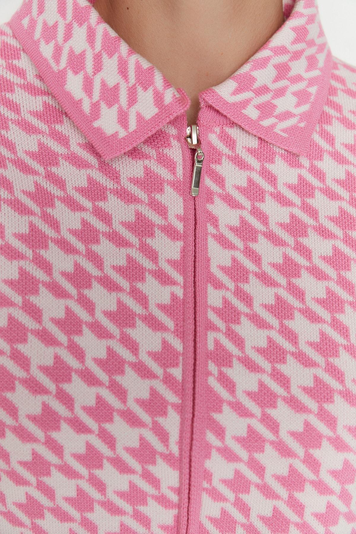 Pink Collar Detailed Crop Knitted Cardigan, C101_7007, large image number 7