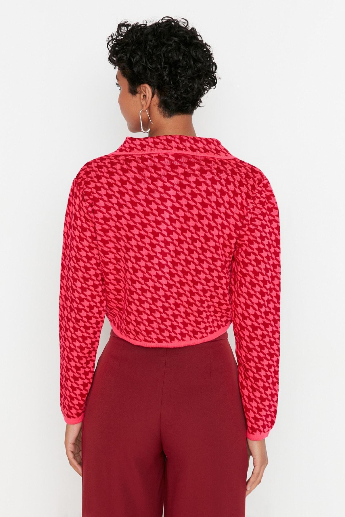 Pink Collar Detailed Crop Knitted Cardigan, C101_7007, large image number 8