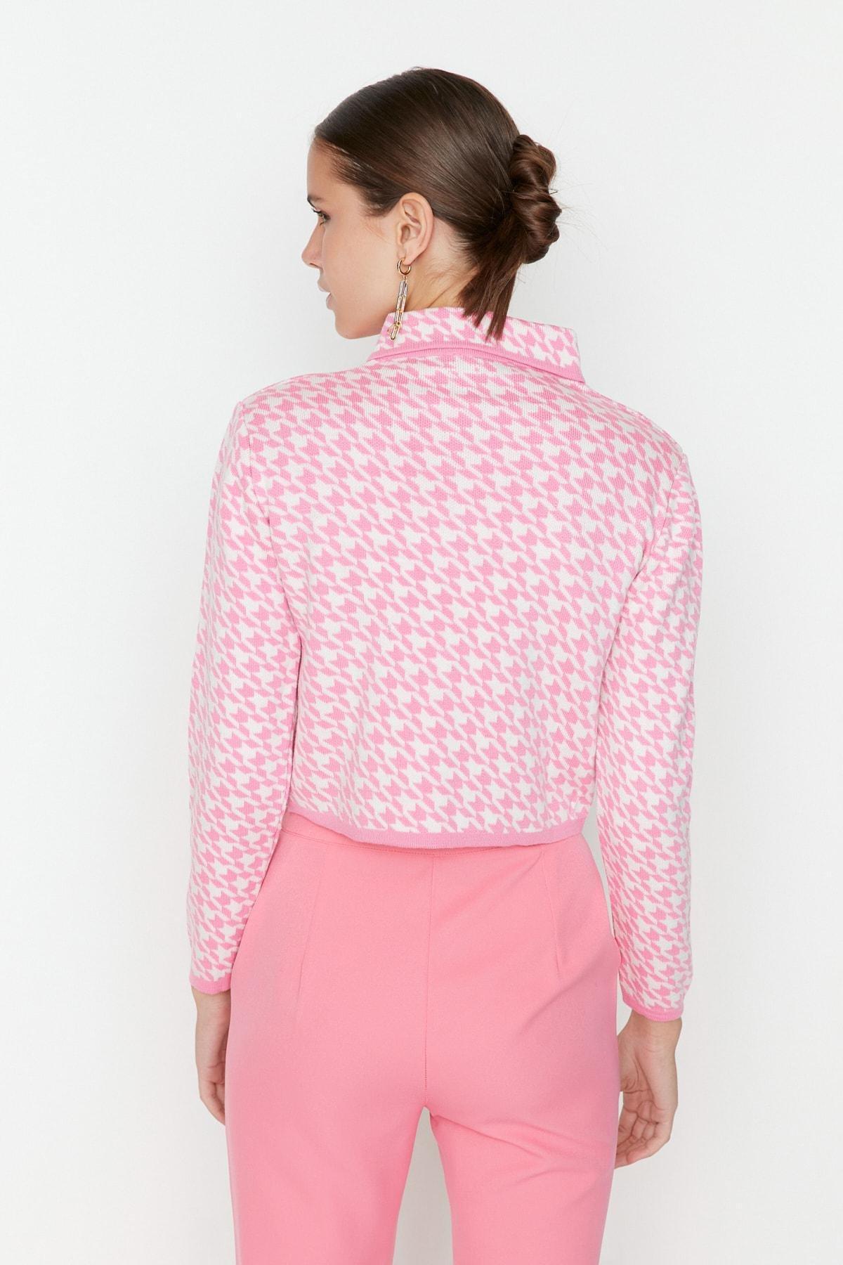 Pink Collar Detailed Crop Knitted Cardigan, C101_7007, large image number 9