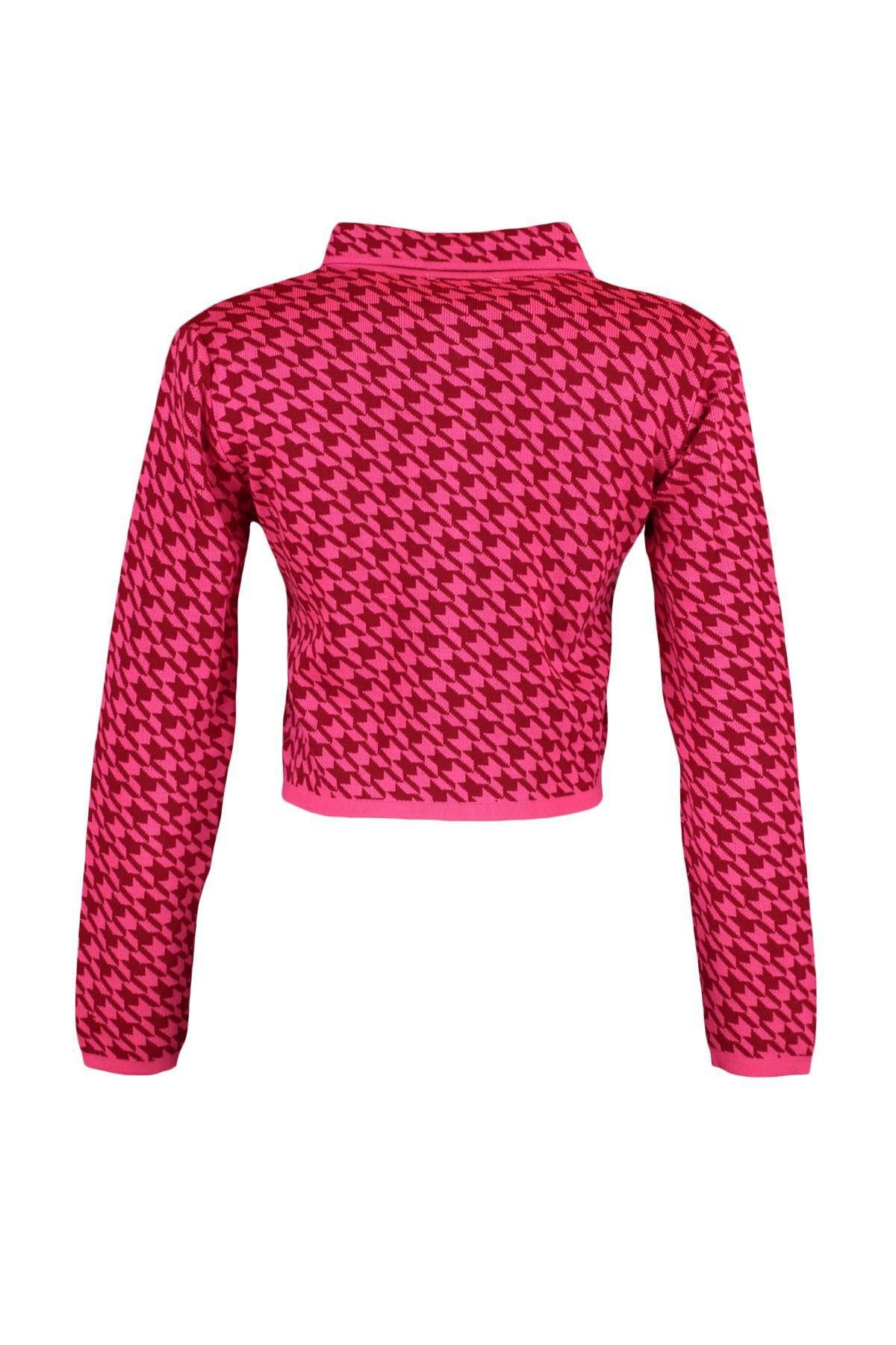 Pink Collar Detailed Crop Knitted Cardigan, C101_7007, large image number 10
