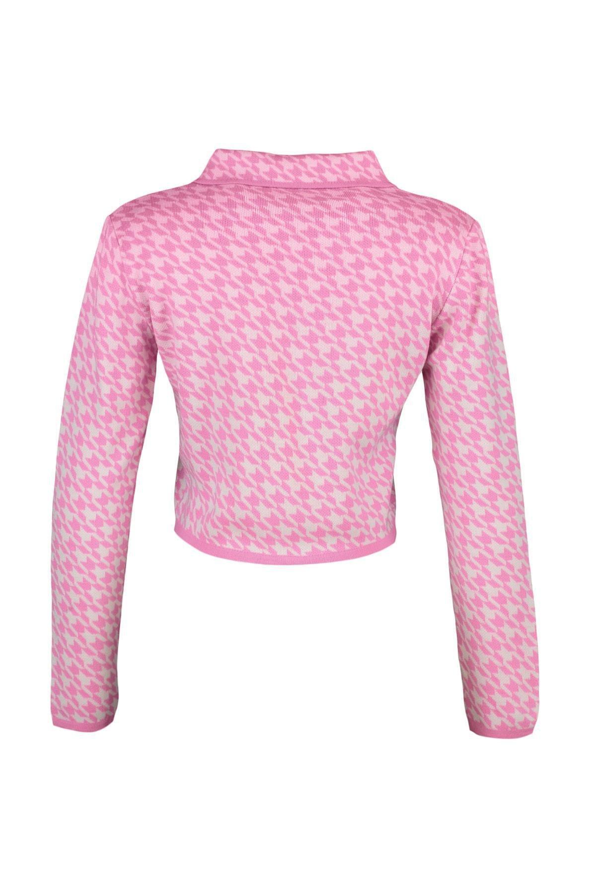 Pink Collar Detailed Crop Knitted Cardigan, C101_7007, large image number 11