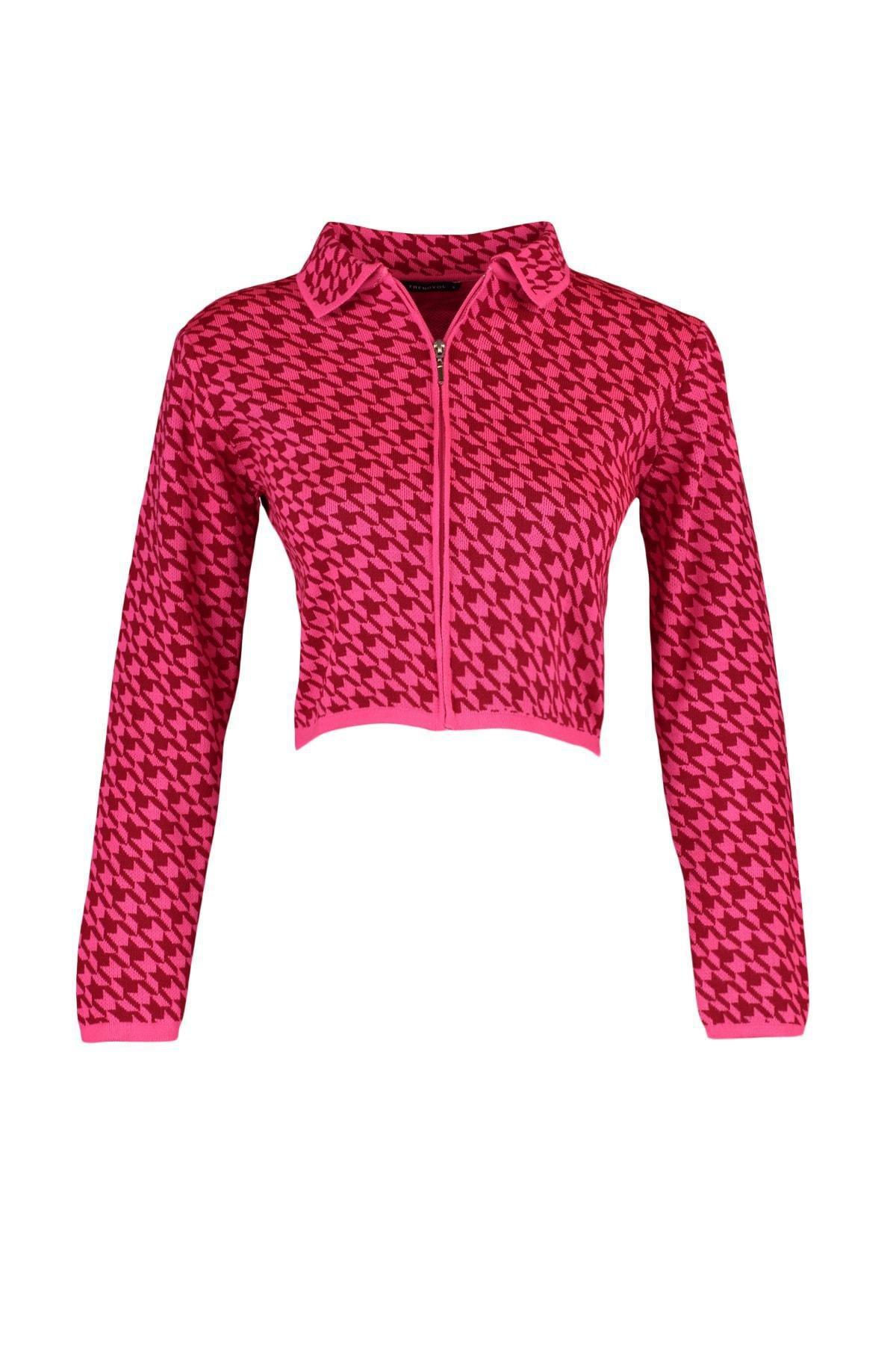 Pink Collar Detailed Crop Knitted Cardigan, C101_7007, large image number 12