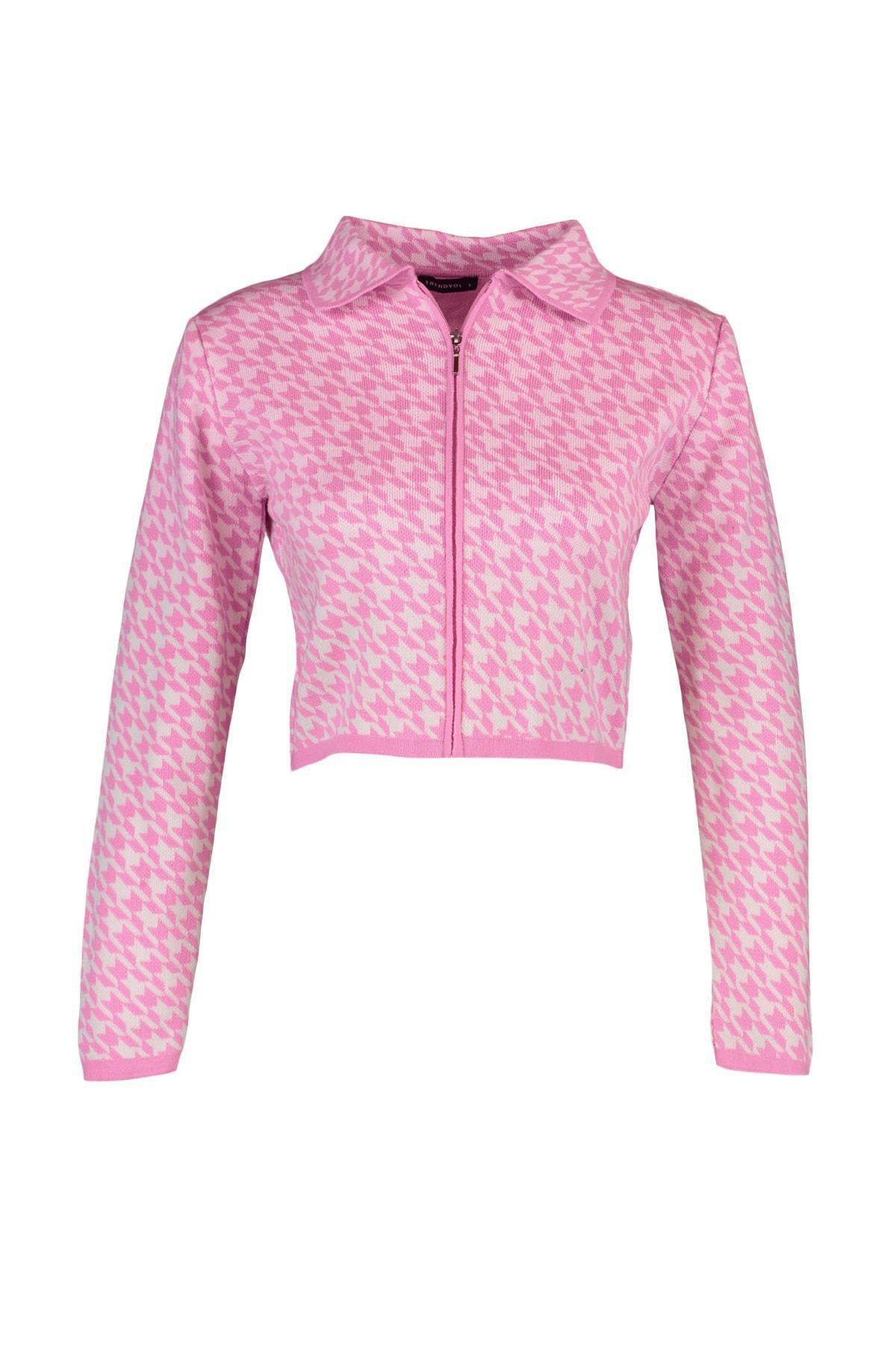 Pink Collar Detailed Crop Knitted Cardigan, C101_7007, large image number 13