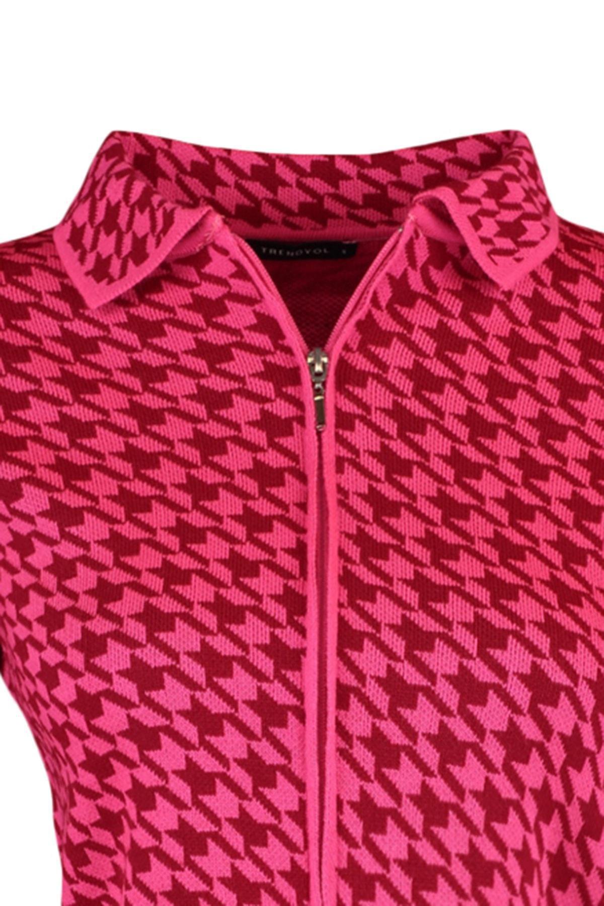 Pink Collar Detailed Crop Knitted Cardigan, C101_7007, large image number 14