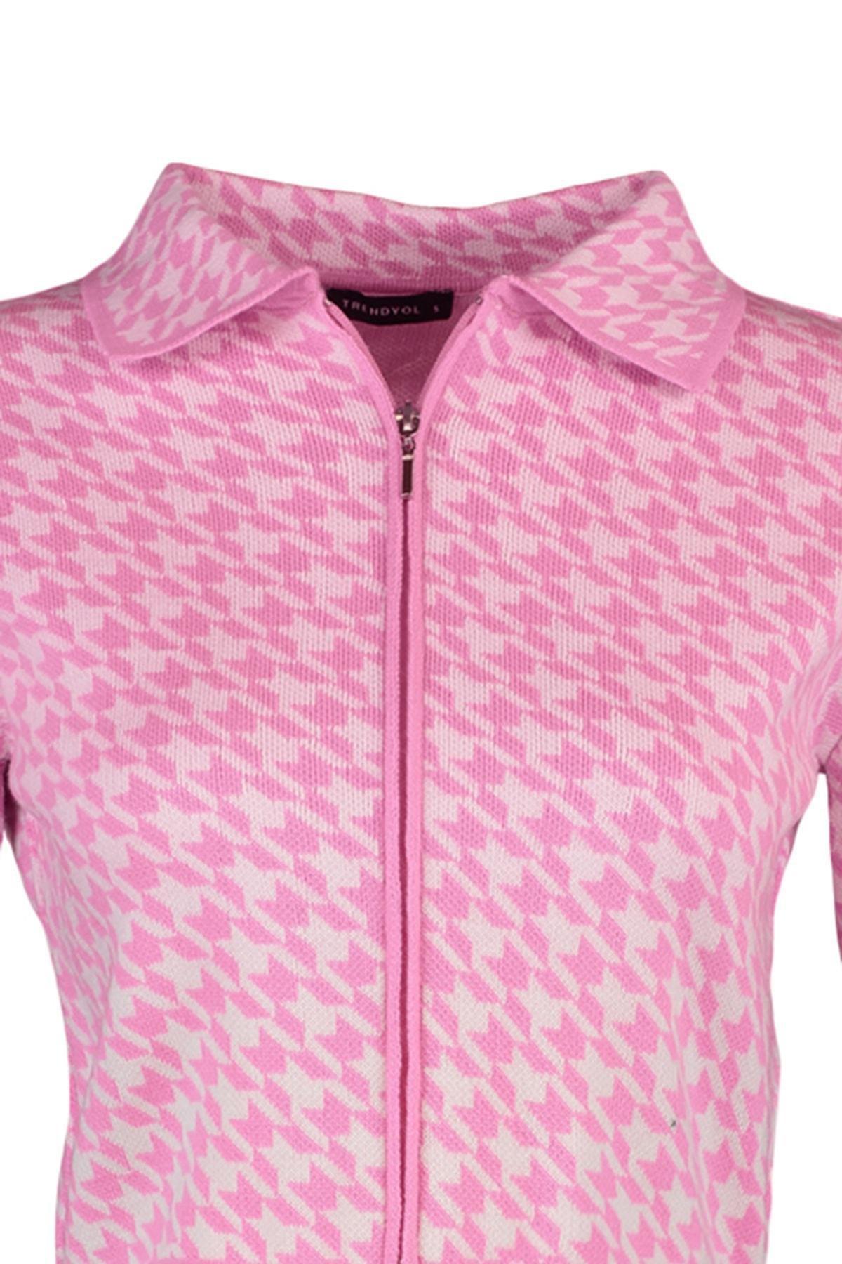 Pink Collar Detailed Crop Knitted Cardigan, C101_7007, large image number 15