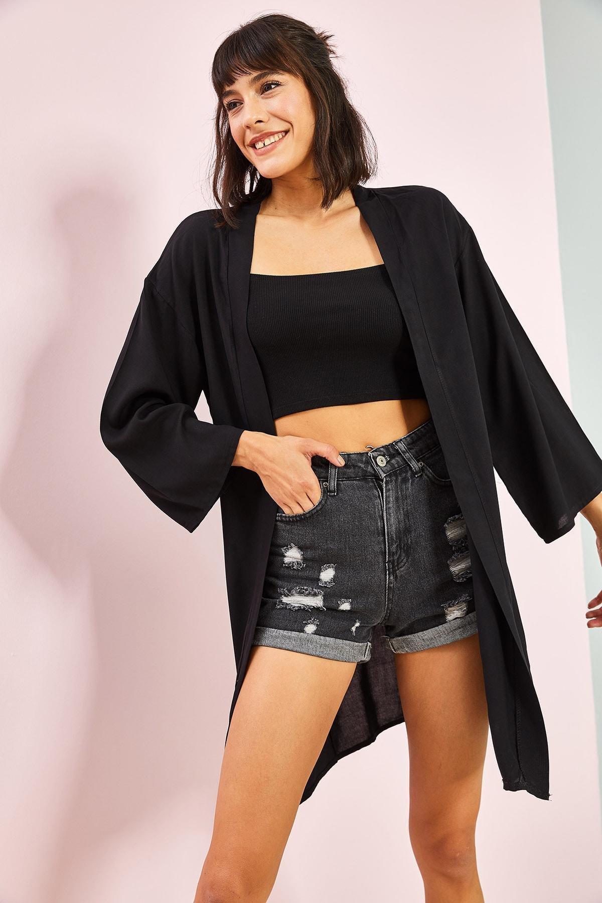 Black Basic Oversize Kimono, , large image number 2