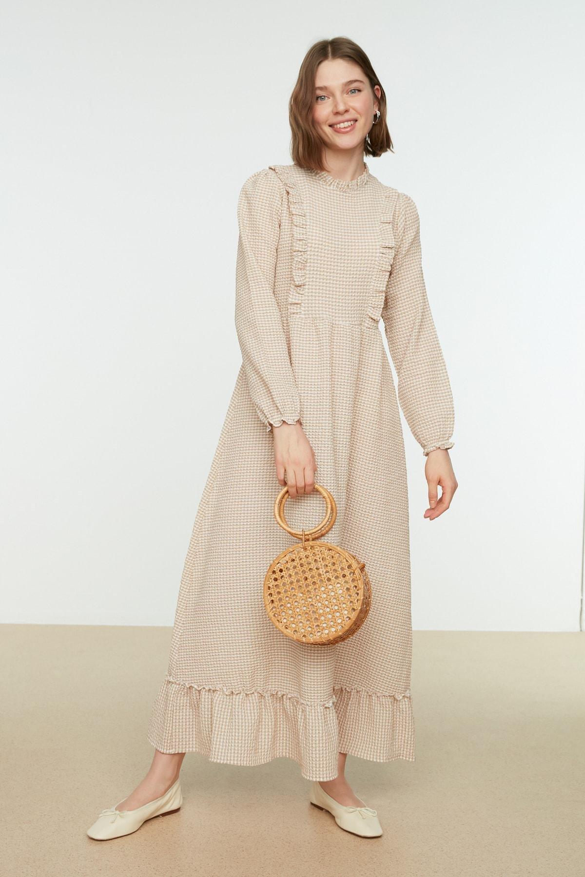 Beige Plaid Skater Dress, Beige, large image number 0