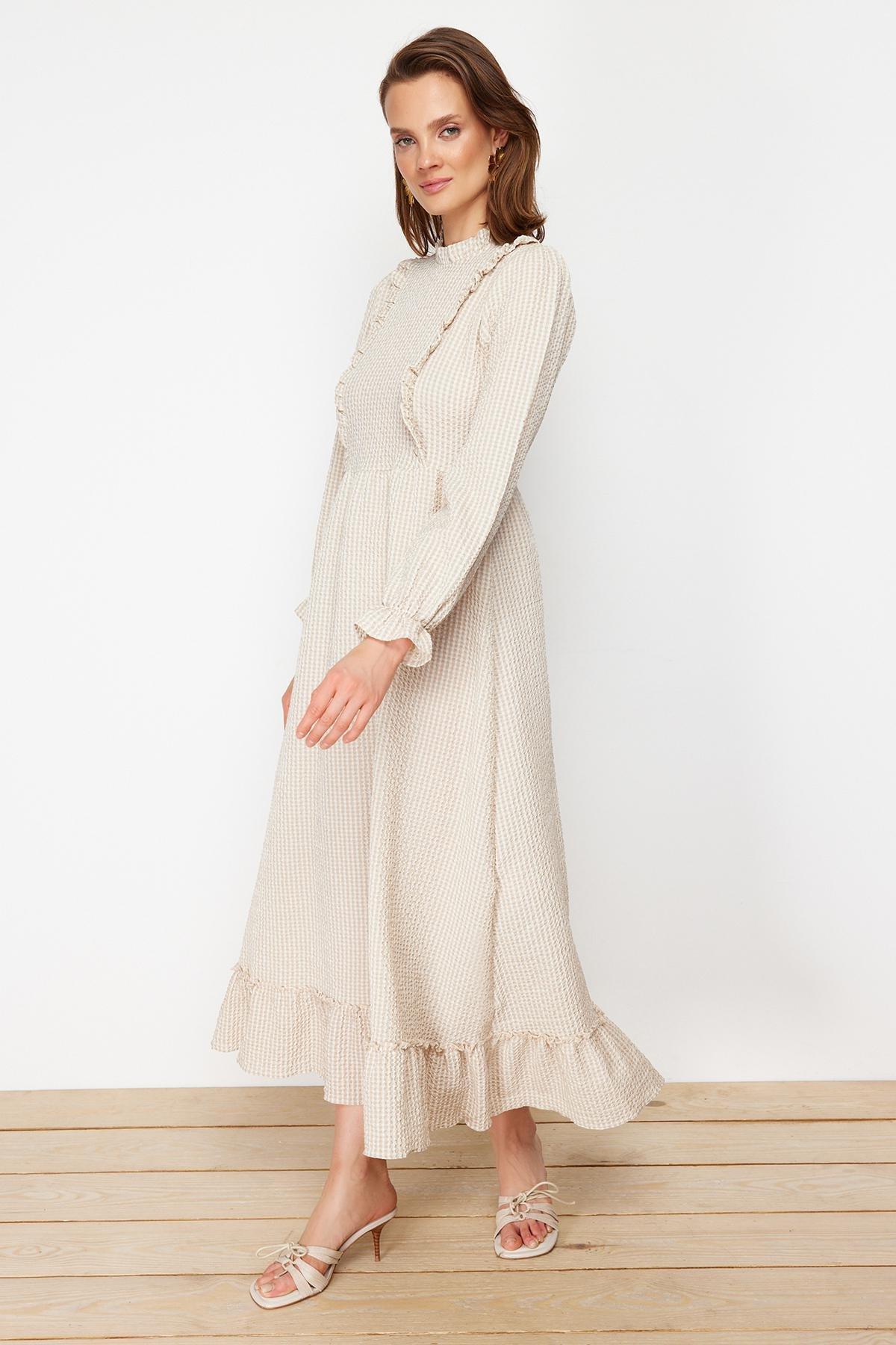 Beige Plaid Skater Dress, Beige, large image number 1