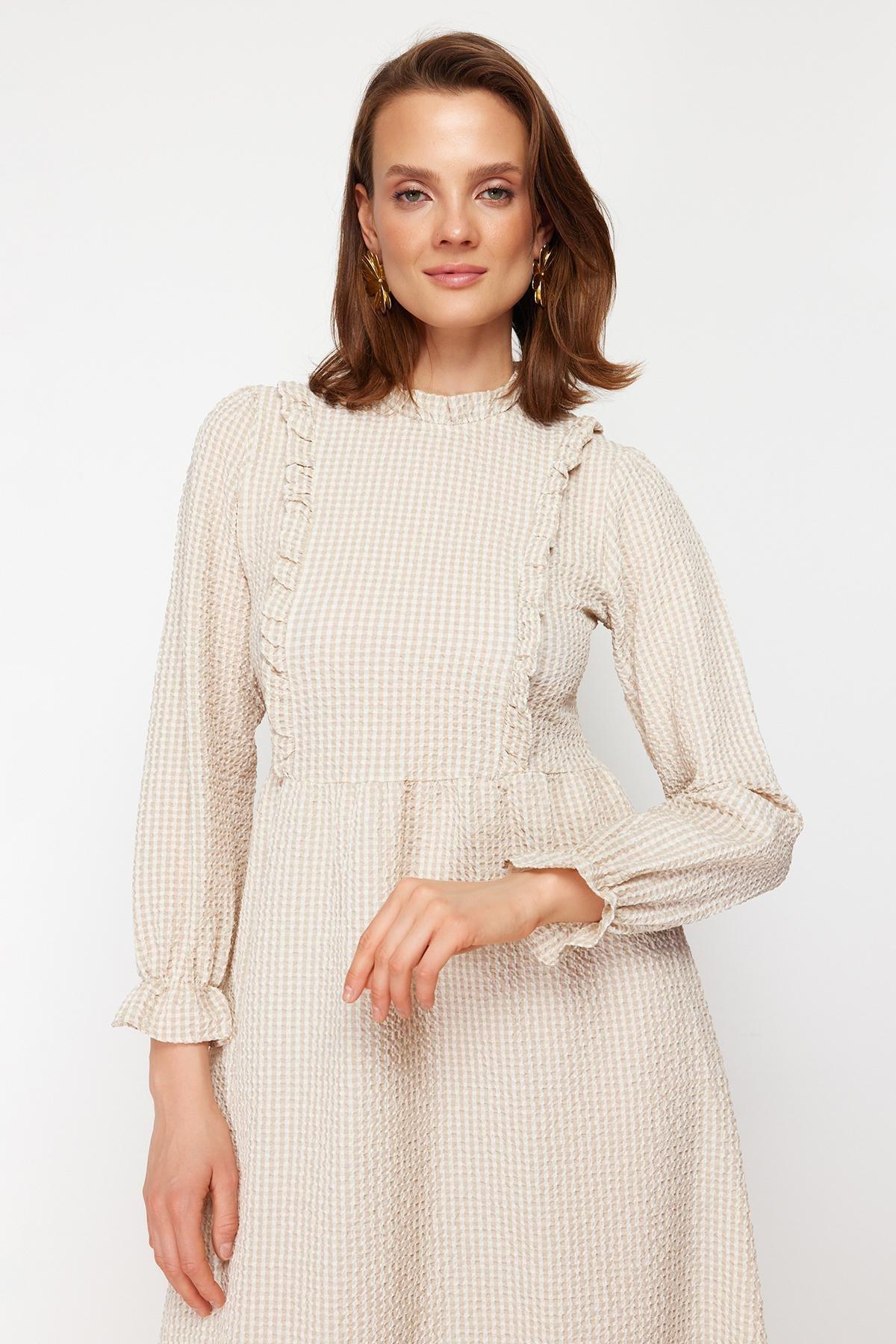 Beige Plaid Skater Dress, Beige, large image number 3