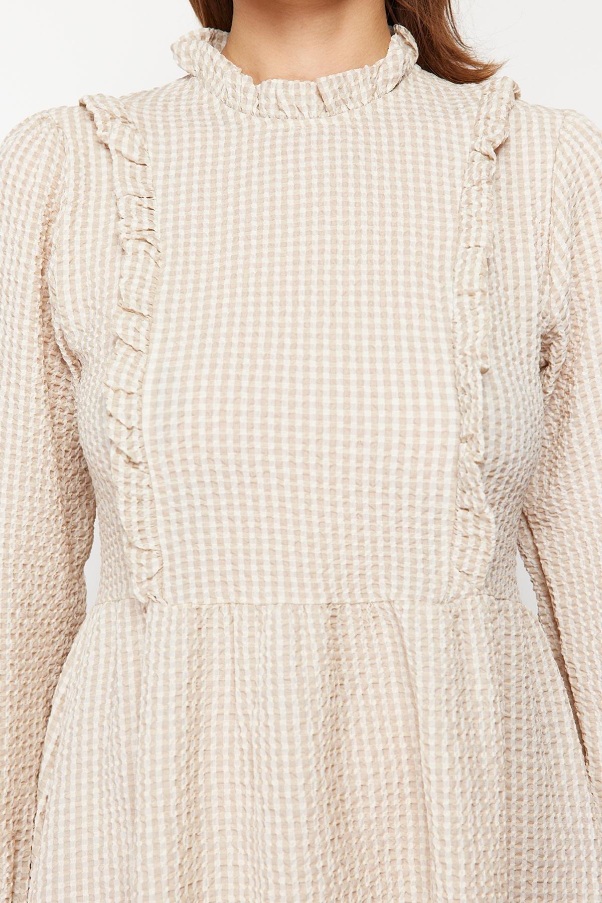 Beige Plaid Skater Dress, Beige, large image number 5