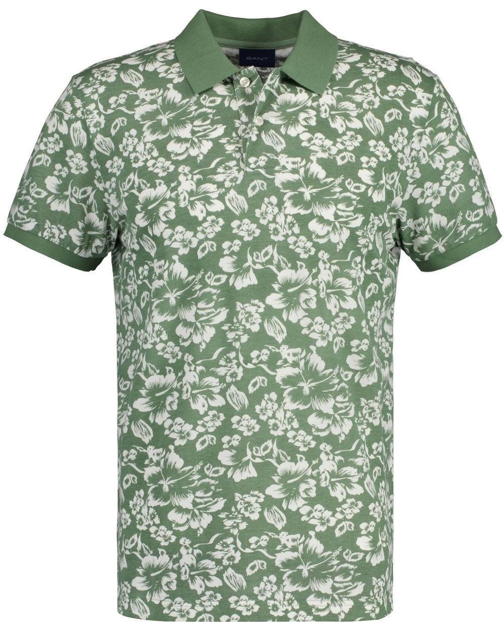 Gant - Green Floral Print Pique Polo Shirt