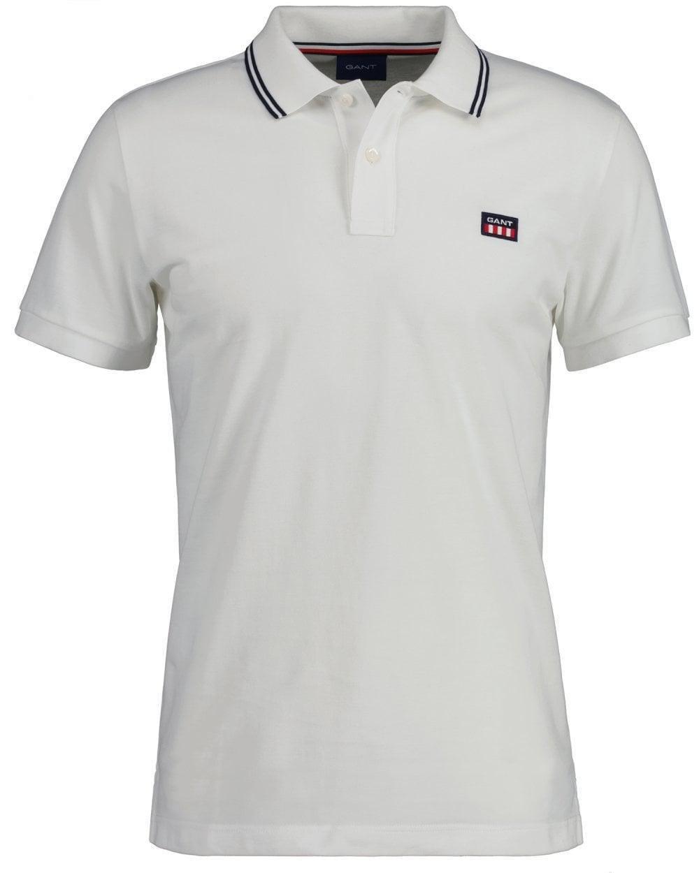 Gant - White Striped Contrast Collar Pique Polo Shirt