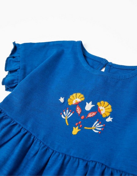 Zippy - Blue Embroidered Cotton T-Shirt, Baby Girls