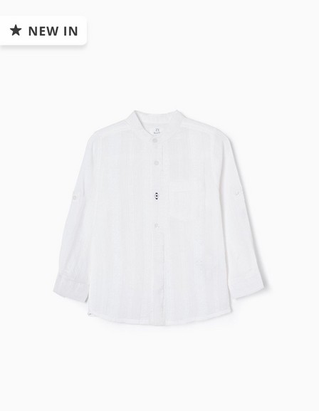 Zippy - White Embroidered Mao Collar Cotton Shirt, Baby Boys