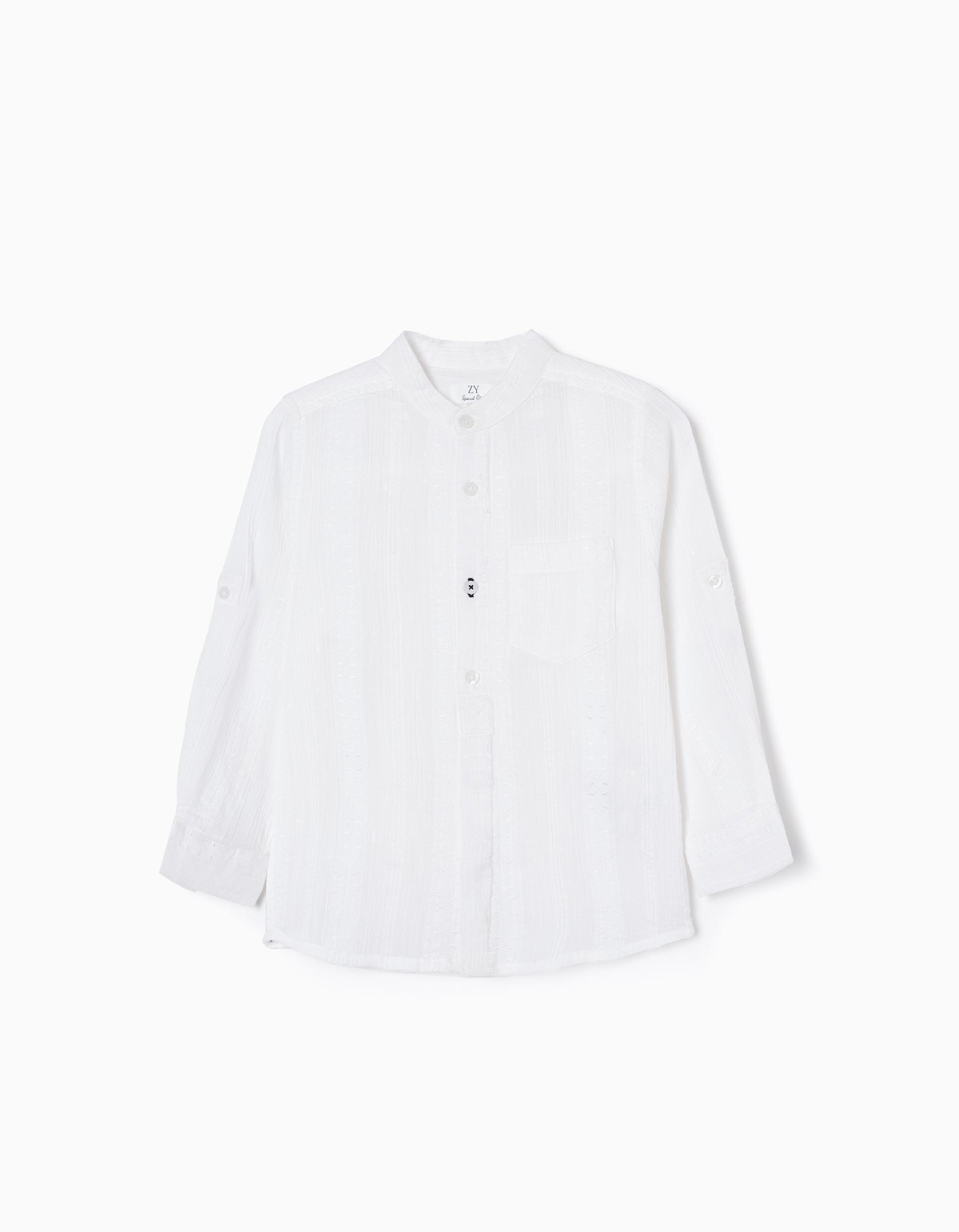 Zippy - White Embroidered Mao Collar Cotton Shirt, Baby Boys