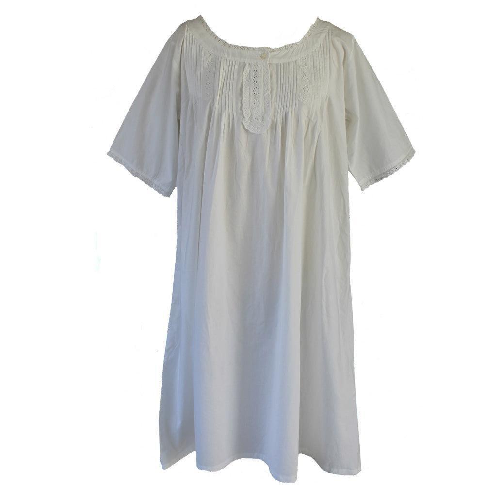 Frill Neck Pin Tucked Short Sleeve Night Dress, White, , large image number 0