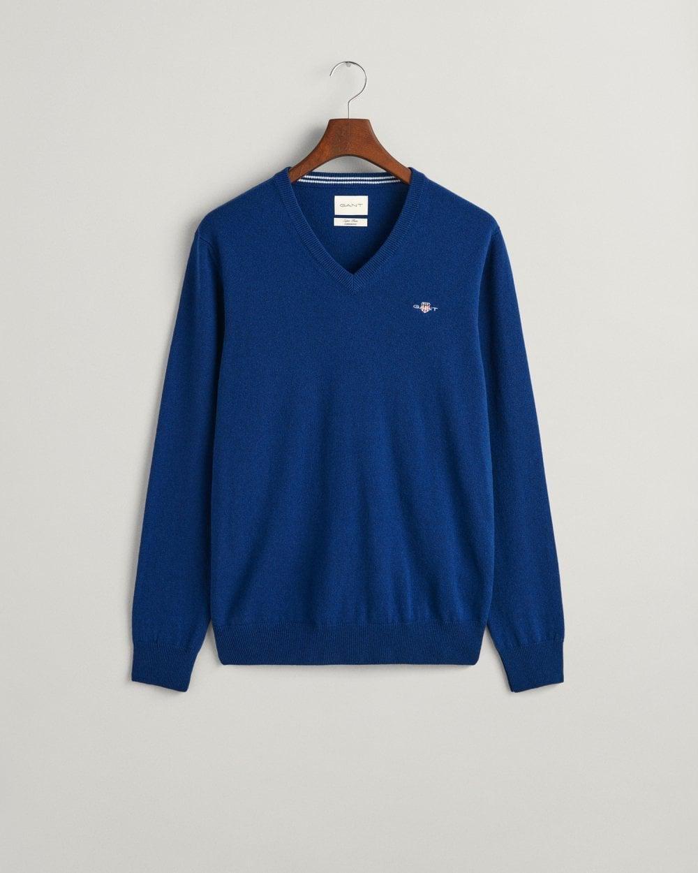 Gant - Blue Superfine Lambswool V-Neck Sweater